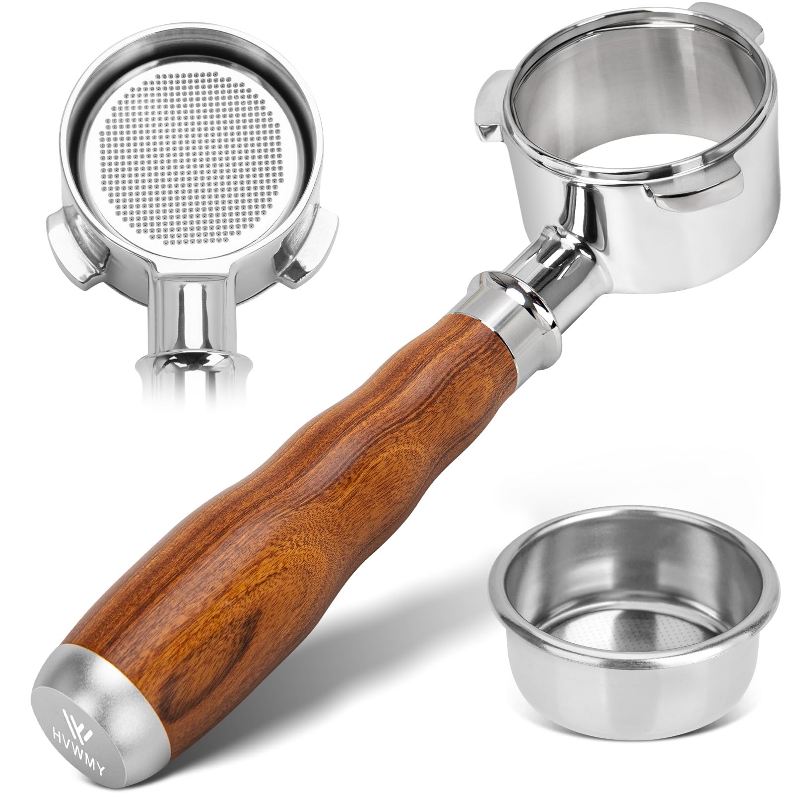 54mm Bottomless Portafilter 3 Ear with 1 Filter Baskets (Double Shots),100% Stainless Steel Portafilter,Fits Breville Espresso Barista Series BES870/878/880 Machine, Walnut Handle