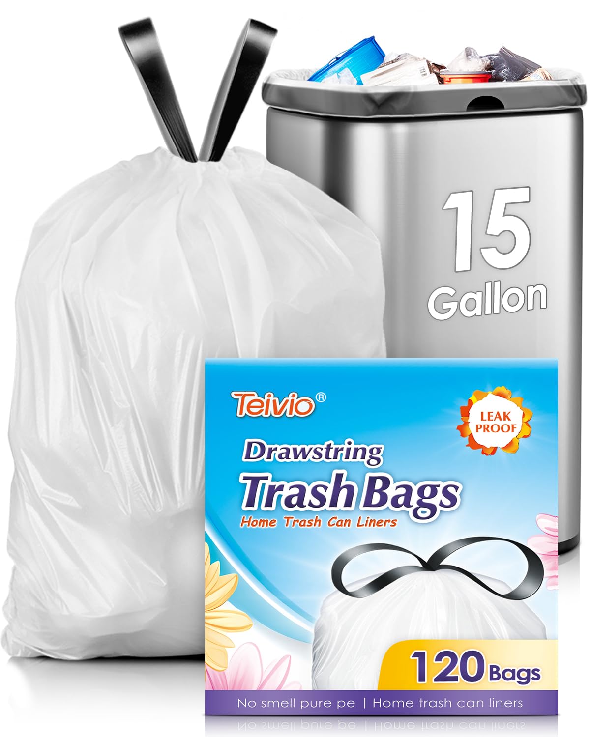 Photo 1 of 15 Gallon 120 Counts Strong Drawstring Trash Bags Garbage Bags by Teivio, Bathroom Trash Can Bin Liners, Plastic Bags for home office kitchen, White