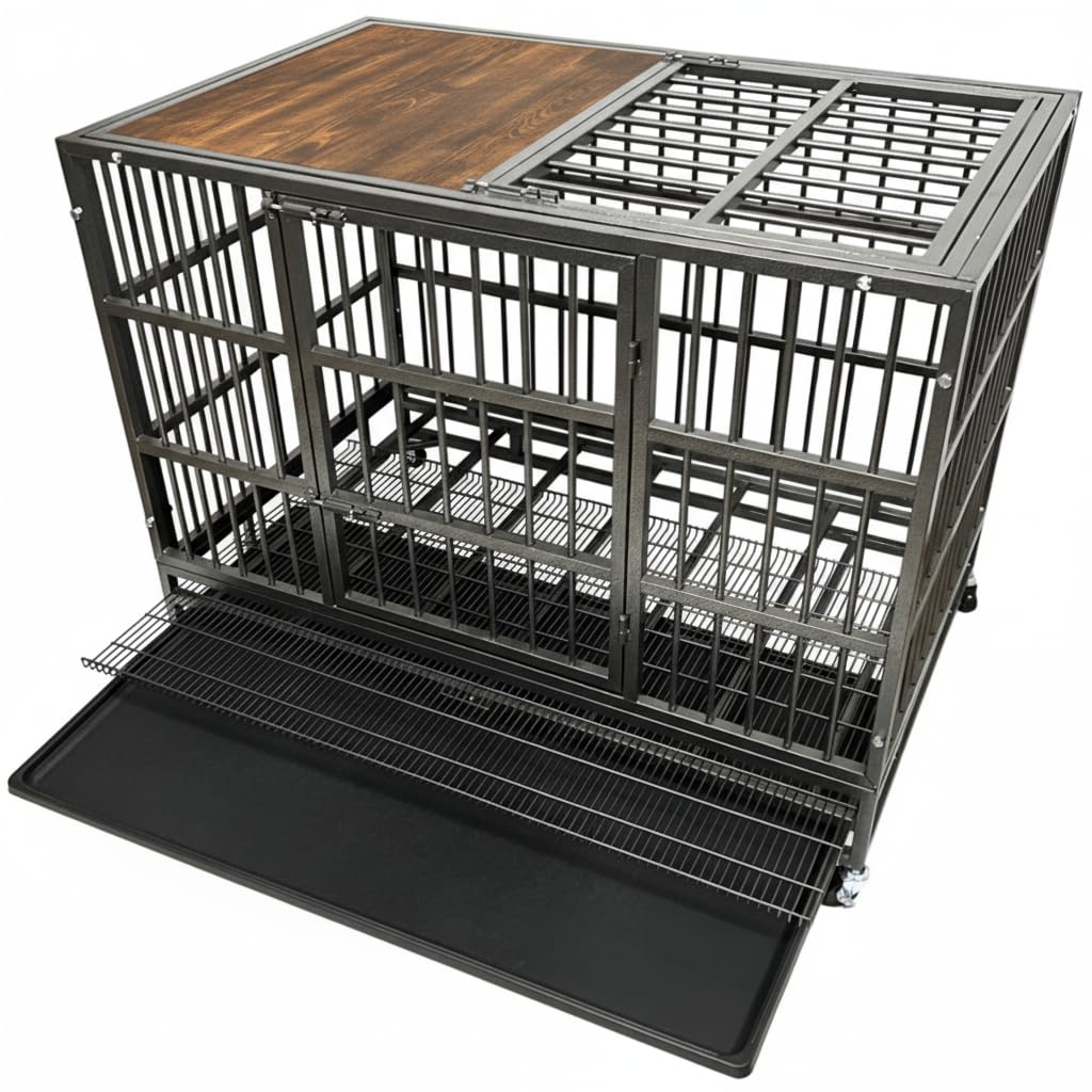 BOLDBONE 38" Furniture Dog Crate for Large Dogs, Heavy Duty Dog Kennel Indoor with Removable Crate Trays, Wheels and Stylish Wooden Top, Extra Large XL XXL Dog Cage Image