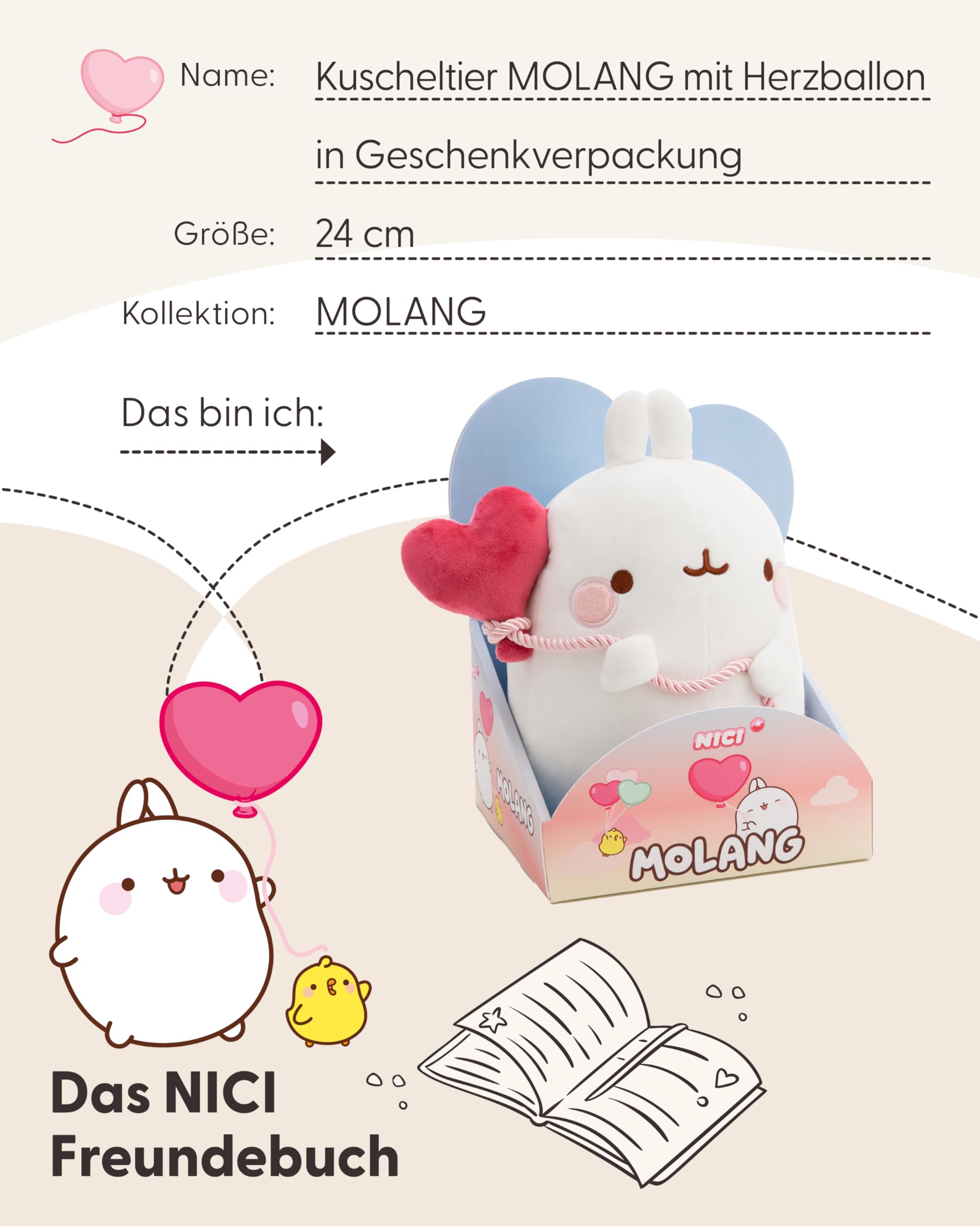 NICI Kuscheltier MOLANG mit Herzballon 24cm in Geschenkverpackung weiß - Stofftier aus weichem Plüsch, niedliches Plüschtier zum Kuscheln und Spielen, für Kinder & Erwachsene - 61674 6