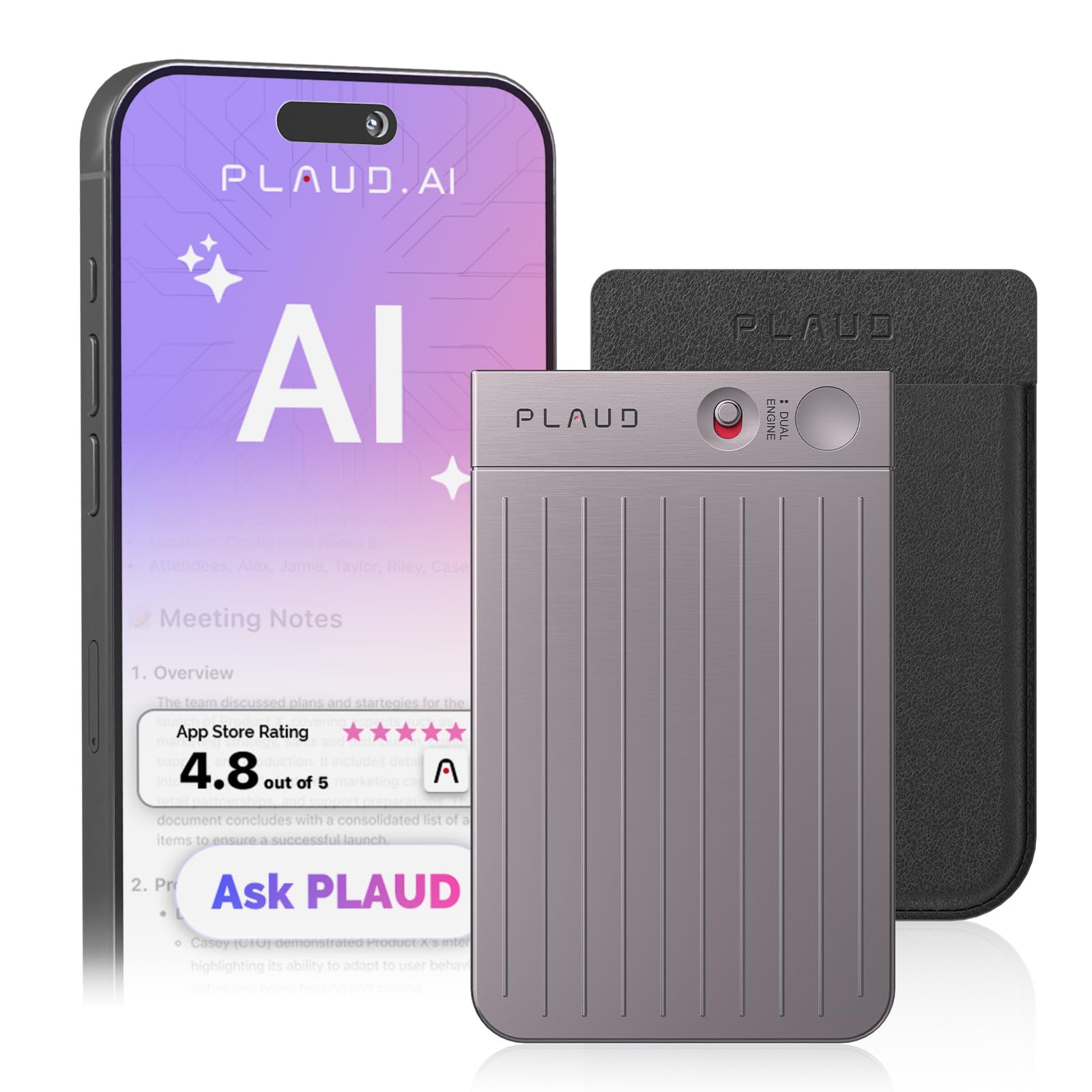 Plaud AI Voice Recorder, Note Voice Recorder w/Case, App Control, Transcribe & Summarize with AI Technology, Support 112 Languages, 64GB Memory, Audio Recorder for Lecture, Meeting, Call, Interview