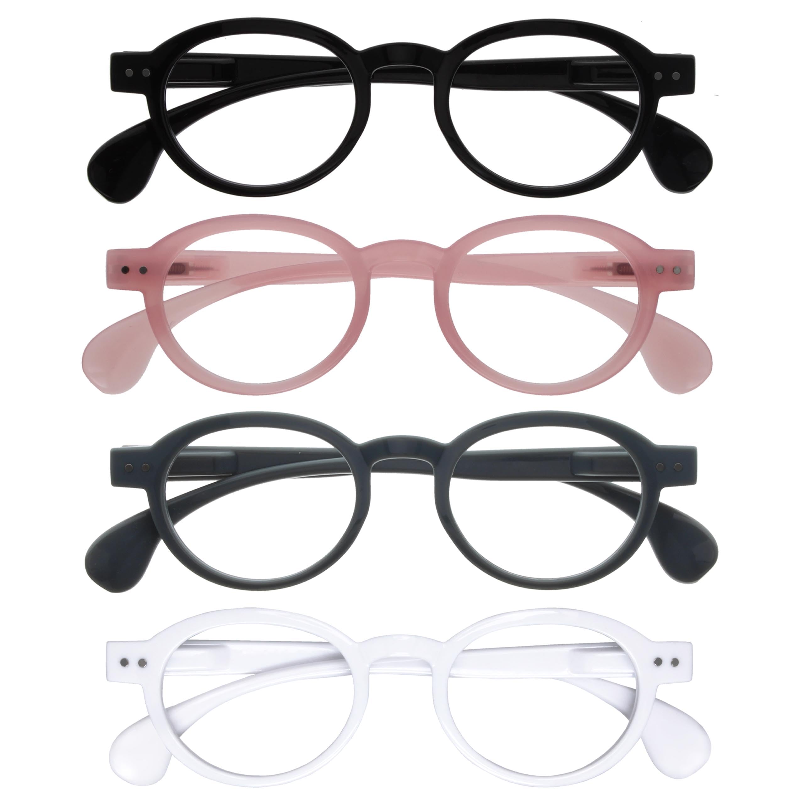 OPULIZE OCA Reading Glasses - 4-Pack - Modern Retro Round Frame - Black Pink Grey White - Mens Womens - Spring Hinges - RRRR54-147W - +2.00