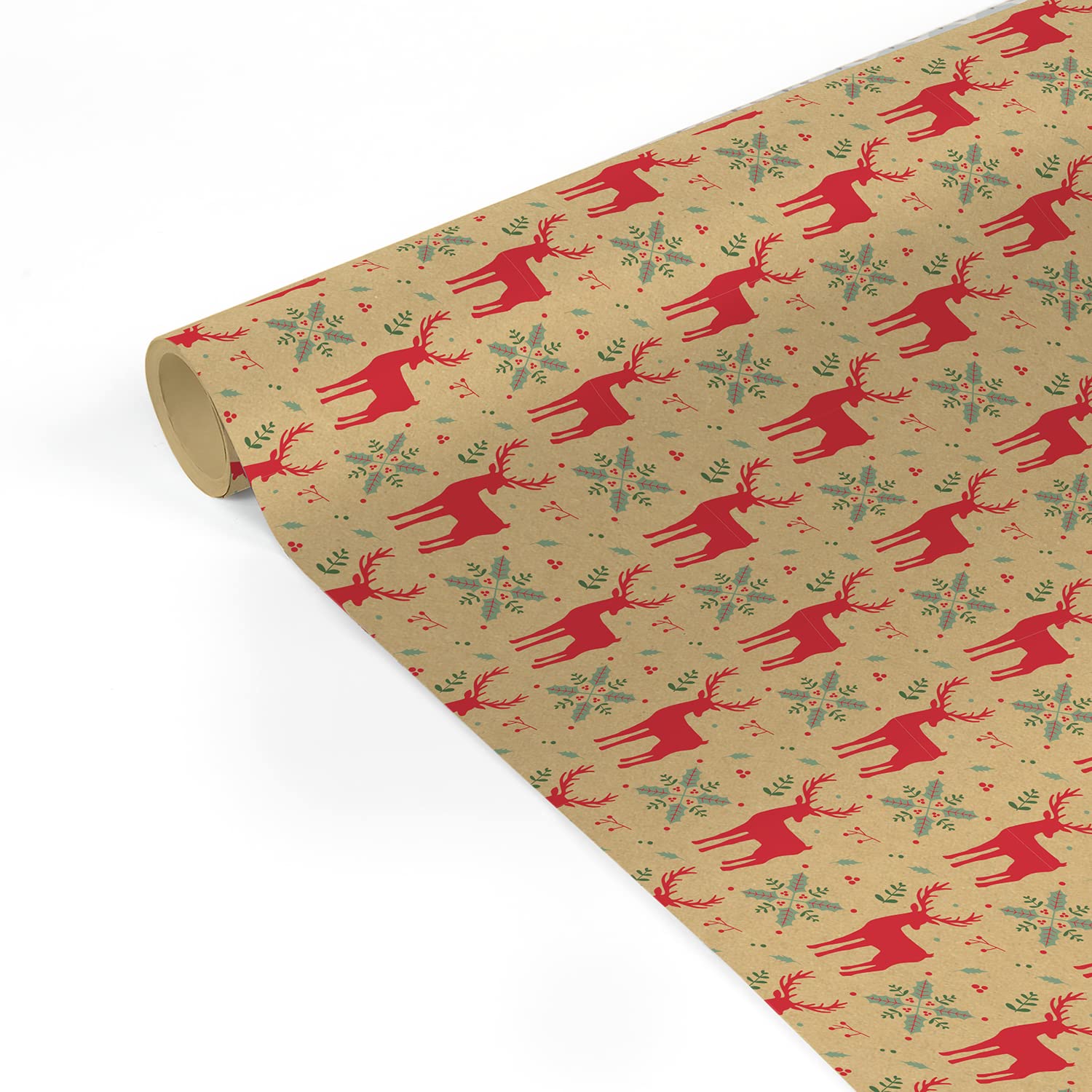 Clairefontaine 223884C - A Roll Of Gift Wrap Paper - Kraft Brut 70g 100% Recycled - 5mx35cm (Special Small Width) - Pattern : Red Reindeers - Gift Wrapping