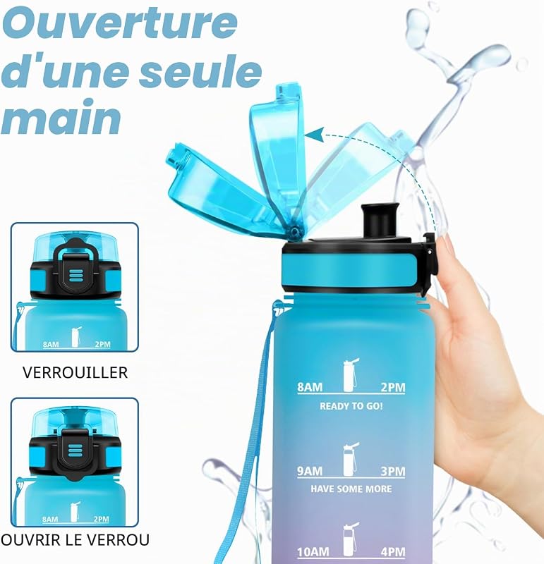 Bouteille d'eau 500ml, Gourde Motivation avec Marqueur de Temps, Étanche, Gourde avec Filtre, Voyage, Randonnée, l'école, Cyclisme, Fitness, Bureau