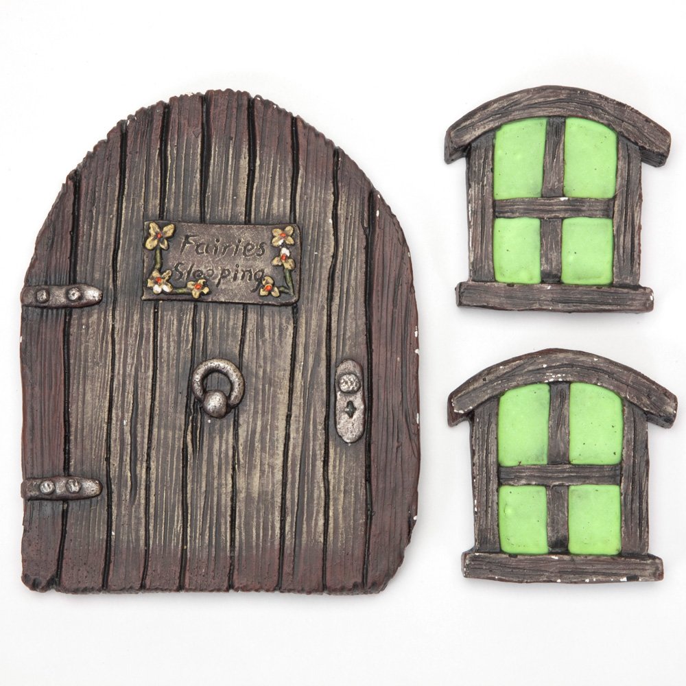 Bits and Pieces - Miniature Fairy Garden Glow in The Dark Fairies Sleeping Door and Windows Tree Statues - Tree Hugger Yard and Garden Sculptures