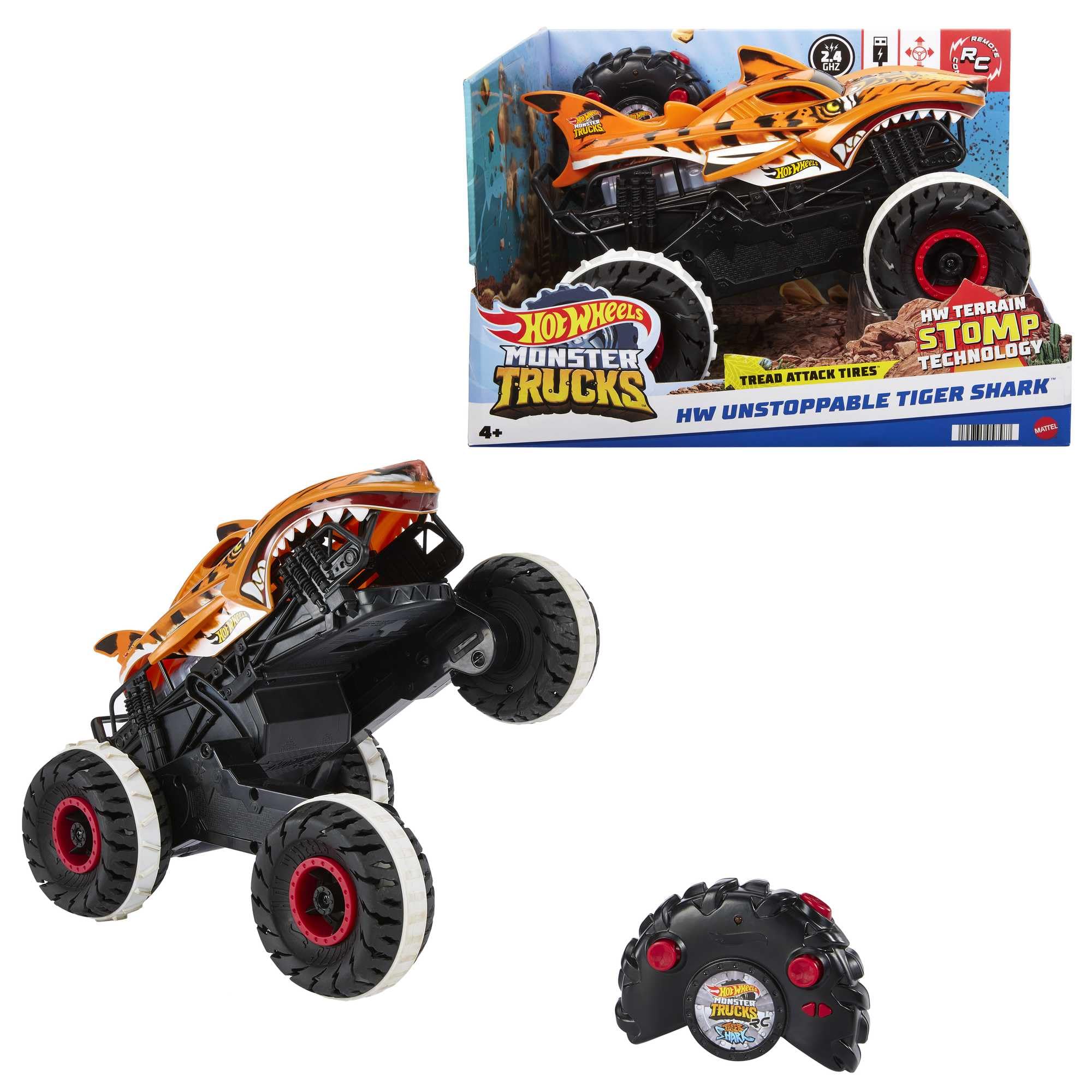 Hot Wheels Monster Trucks Remote Control Car, Unstoppable Tiger Shark with Tread Attack Tires and Terrain Stomp Technology, 1:15 Scale, Toys for Ages 4 and Up, HGV87 โ image 1