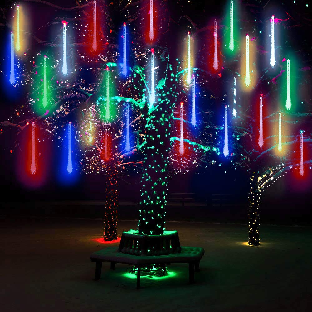 LED Meteor Shower Solar Lights Outdoor,DINOWIN Waterproof Garden Lights 30cm 10 Tubes 360LEDs Falling Lights Raindrop Lights,Holiday Party Wedding Christmas Tree Decoration String lights (Multicolour)