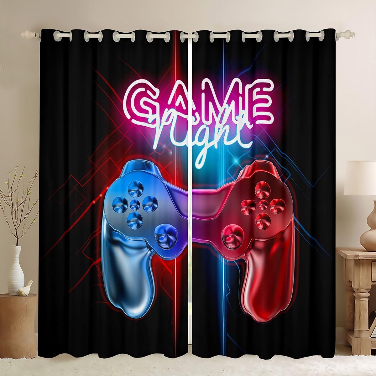 Boys Games Curtains Gamer Window Drapes for Teens Kids Men Black Modern Video Game Controller Window Treatments Cool Blue Red Action Buttons Window Curtain Room Decor W46*L54