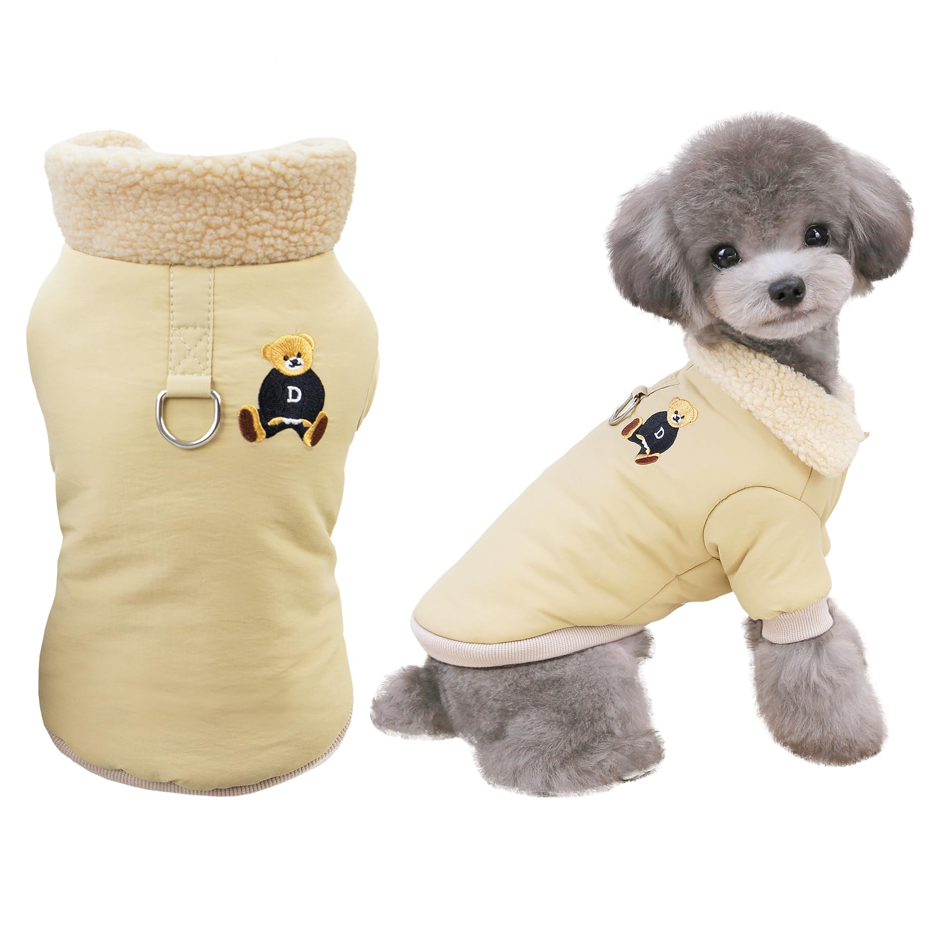 Izefia Dog Coat Cold Weather Coats Windproof Jacket Fleece Warm Sweater Winter Thick Clothes Vest Fleece Collar Bear Print Coat for Small Dog Medium Cat Khaki L