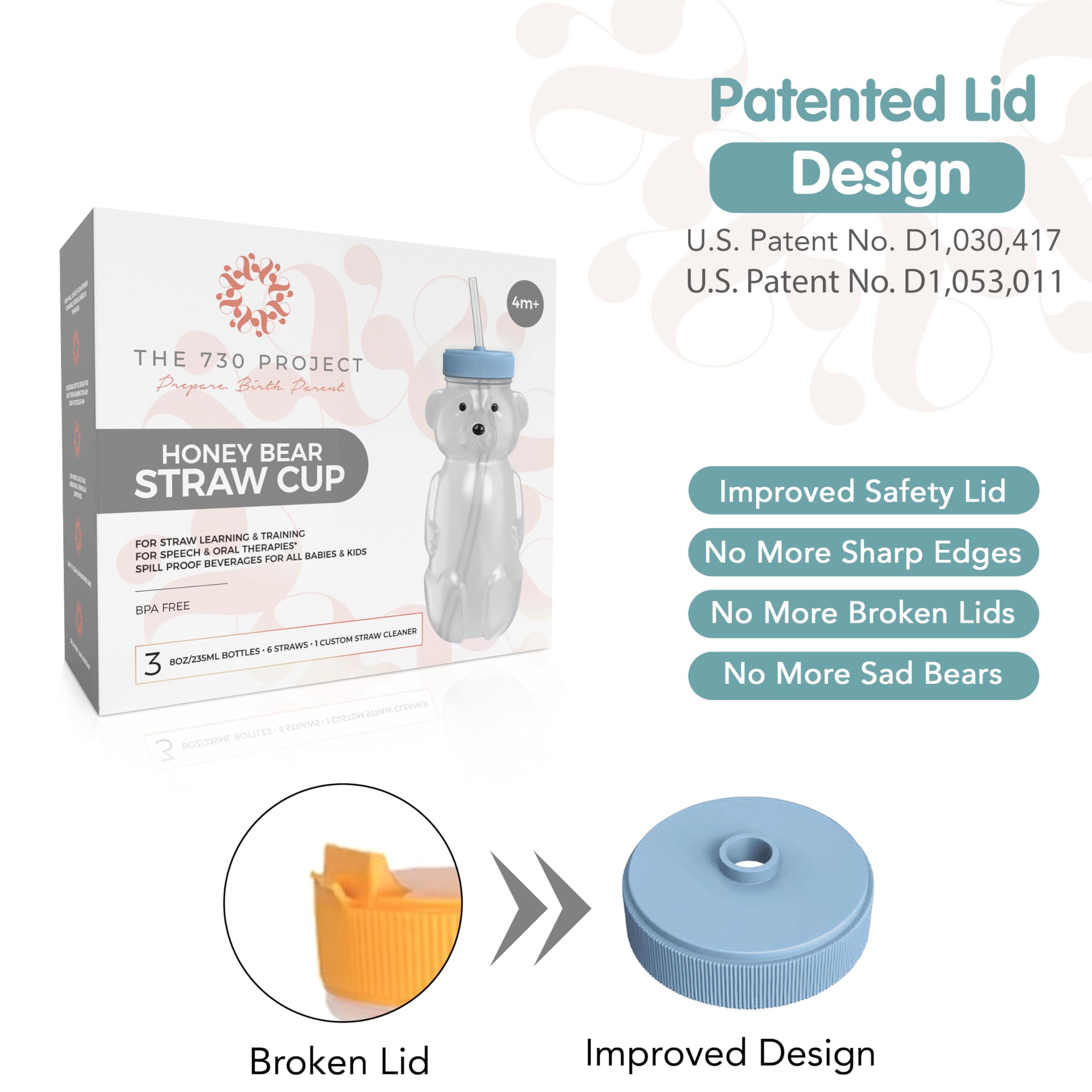 Honey Bear Straw Cup for Babies, 8-oz Honey Bear Cup with Lid, 3-Pack Therapy Learning Honeybear Straw, Baby Bottle Set, Blueberry Pie BLUE