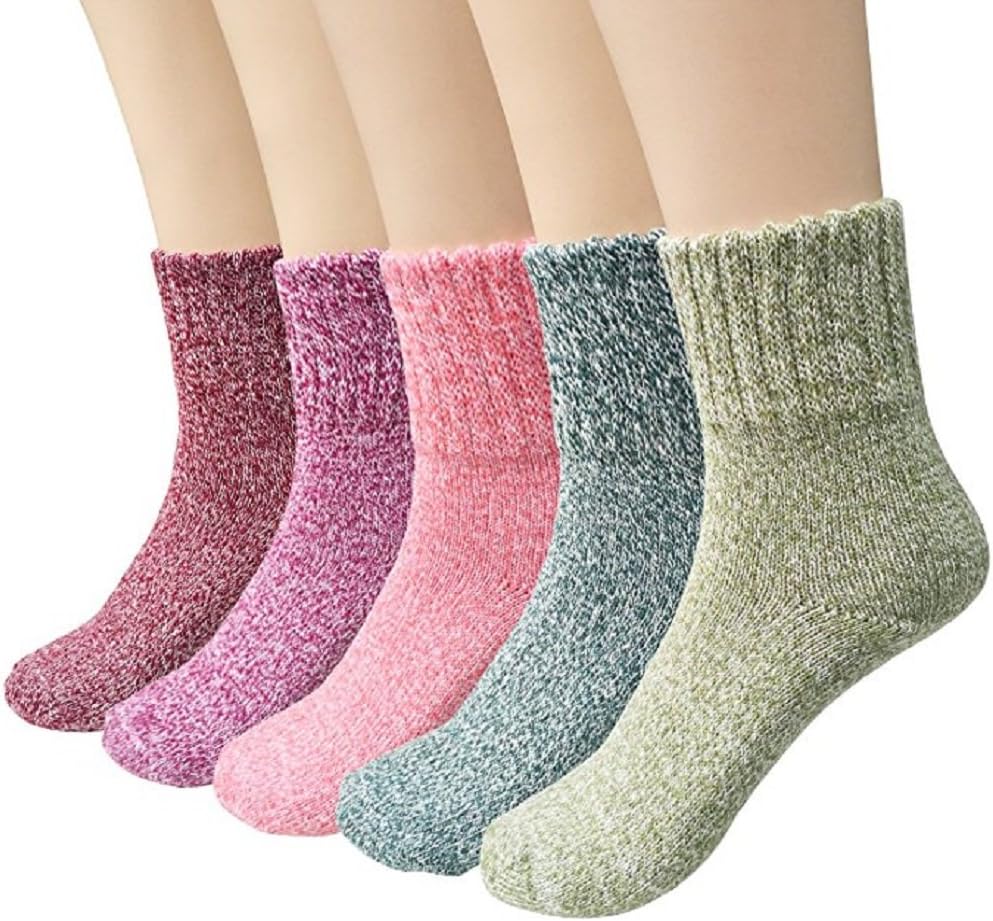 Women Winter Socks 5 Pairs, Vintage Chunky Knit Wool Cashmere, Thick Warm Soft Solid Casual Sports Socks