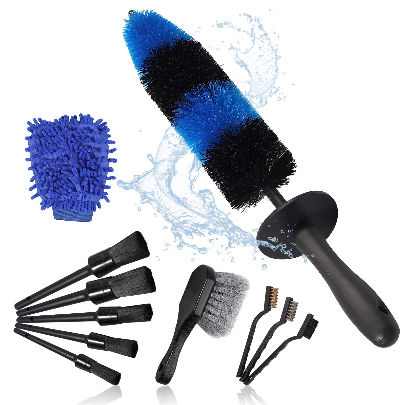 AUTOUTLET 11Pcs Wheel & Tire Brush with 3Pcs Mini Wire Brushes Microfiber Wash Mitt, Car Detailing Kit, 17'' Long Soft Wheel Brush 5 Car Wash Detail Brush Car Wash Kit Perfect for Cleans Dirty Tires