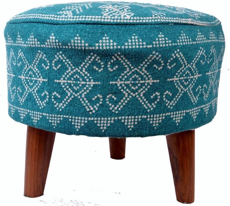 Tanissh Polished Printed Ottoman Wooden Stool (Aqua, Cotton and Wood, 16"x16")