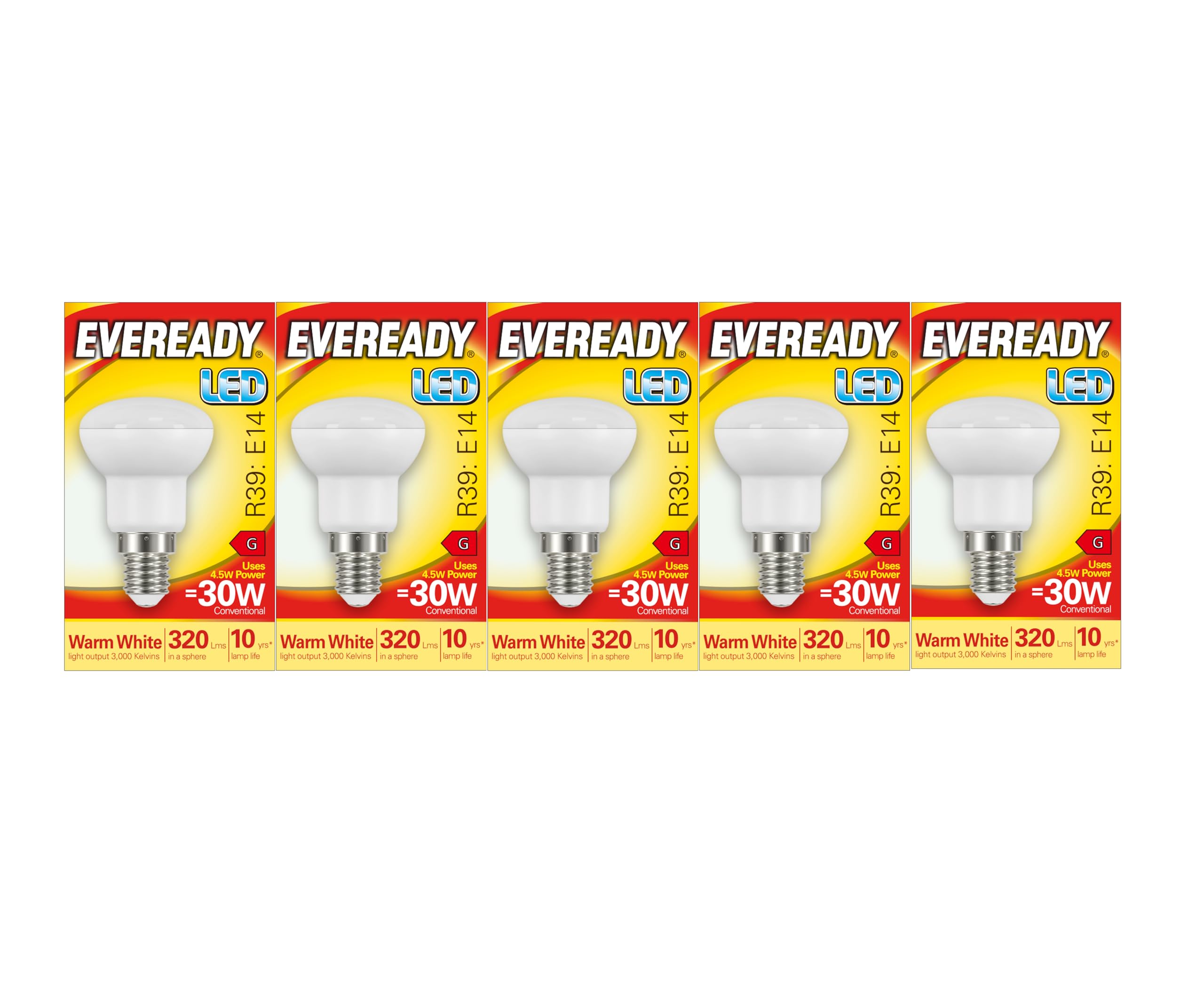 Eveready R39 E14 LED Reflector Bulb 4.5W 320 Lumens Warm White 5 Pack