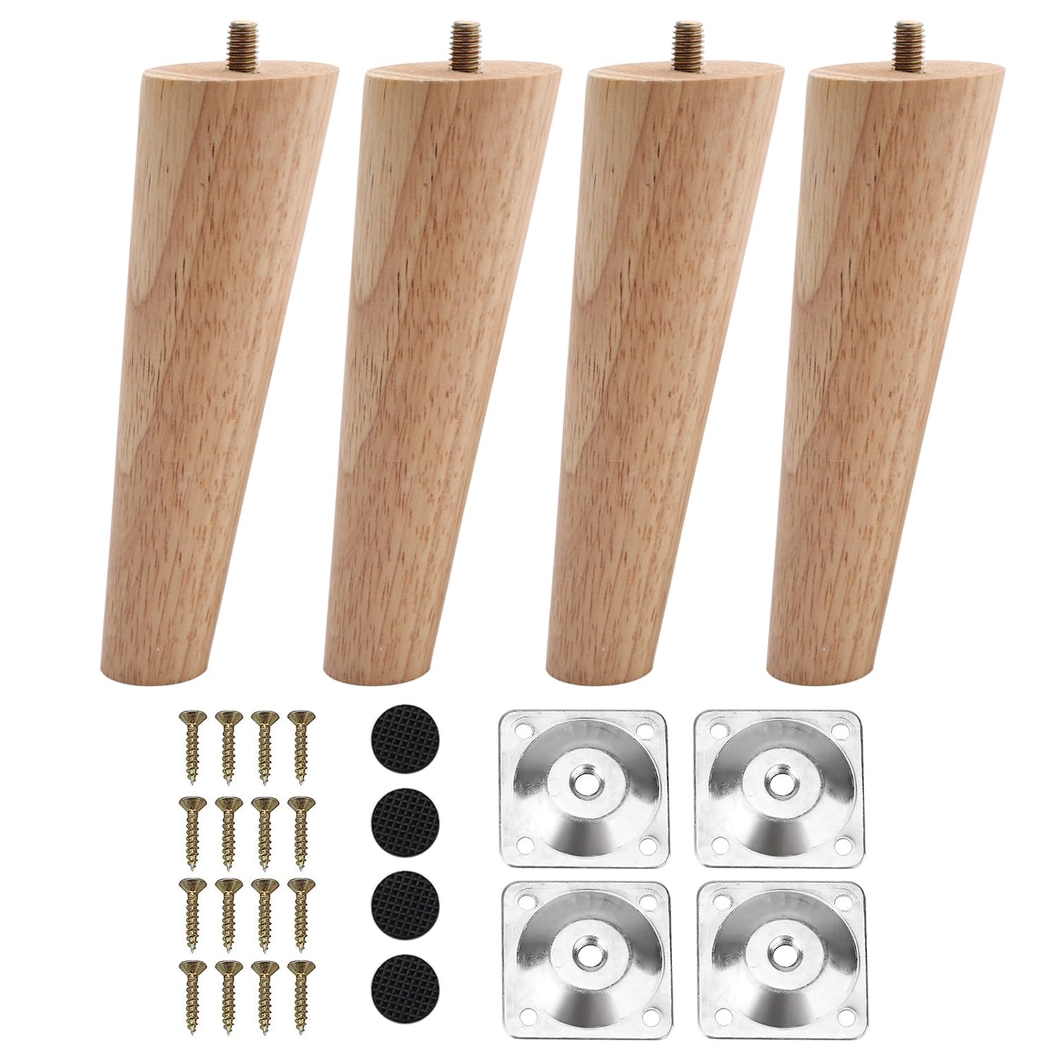 INMOZATA 4PCS Wooden Furniture Legs 15cm Replacement Sofa Legs Chair Legs with Mounting Plates & Screws, Furniture Feet for Chair Bed Sofa Couch Table Cupboard Cabinet Ottoman (16cm, Natural Colour)