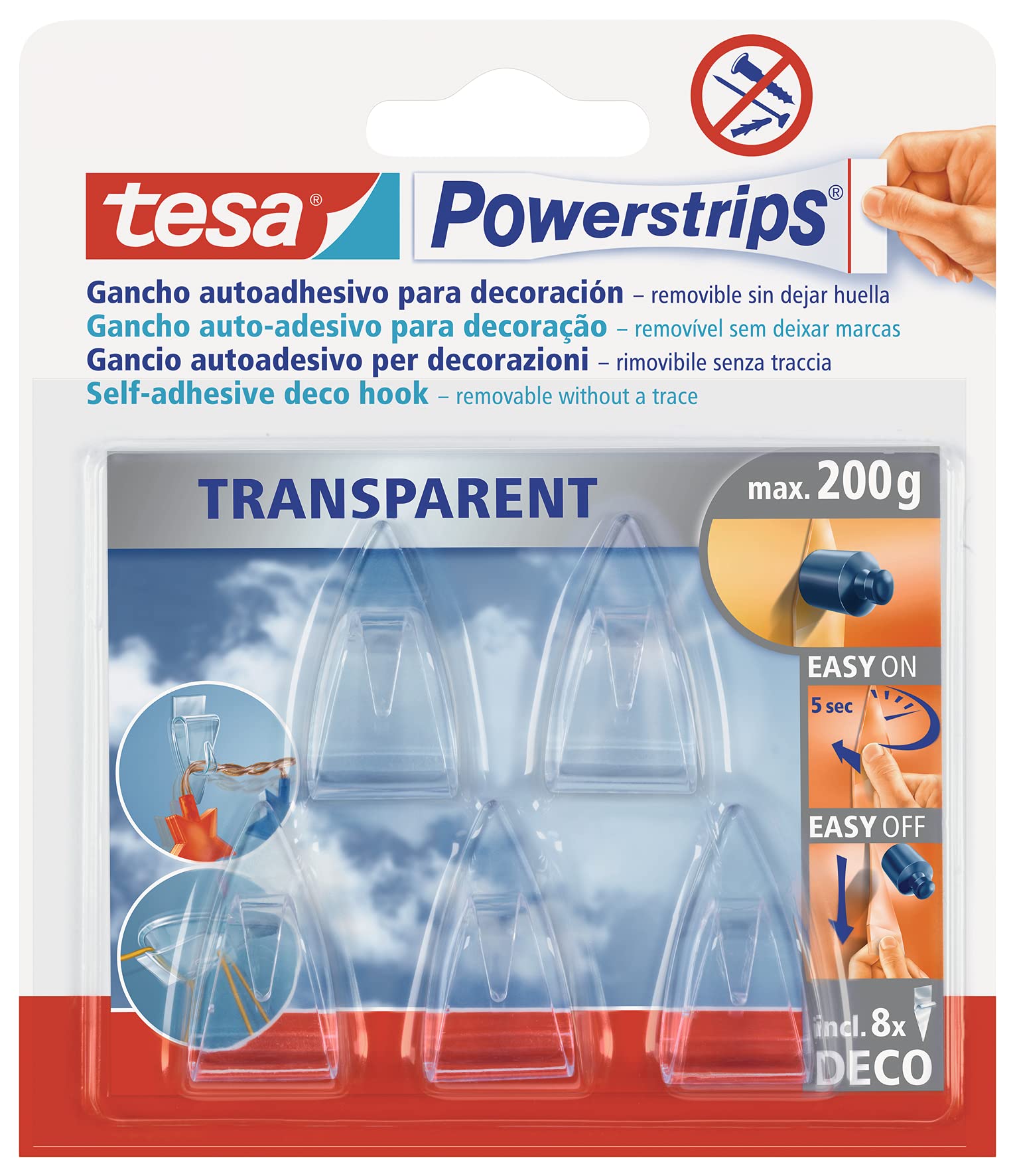 Ganchos Deco Transparentes, 5 Ganchos + 8 Tiras Powerstrips Deco