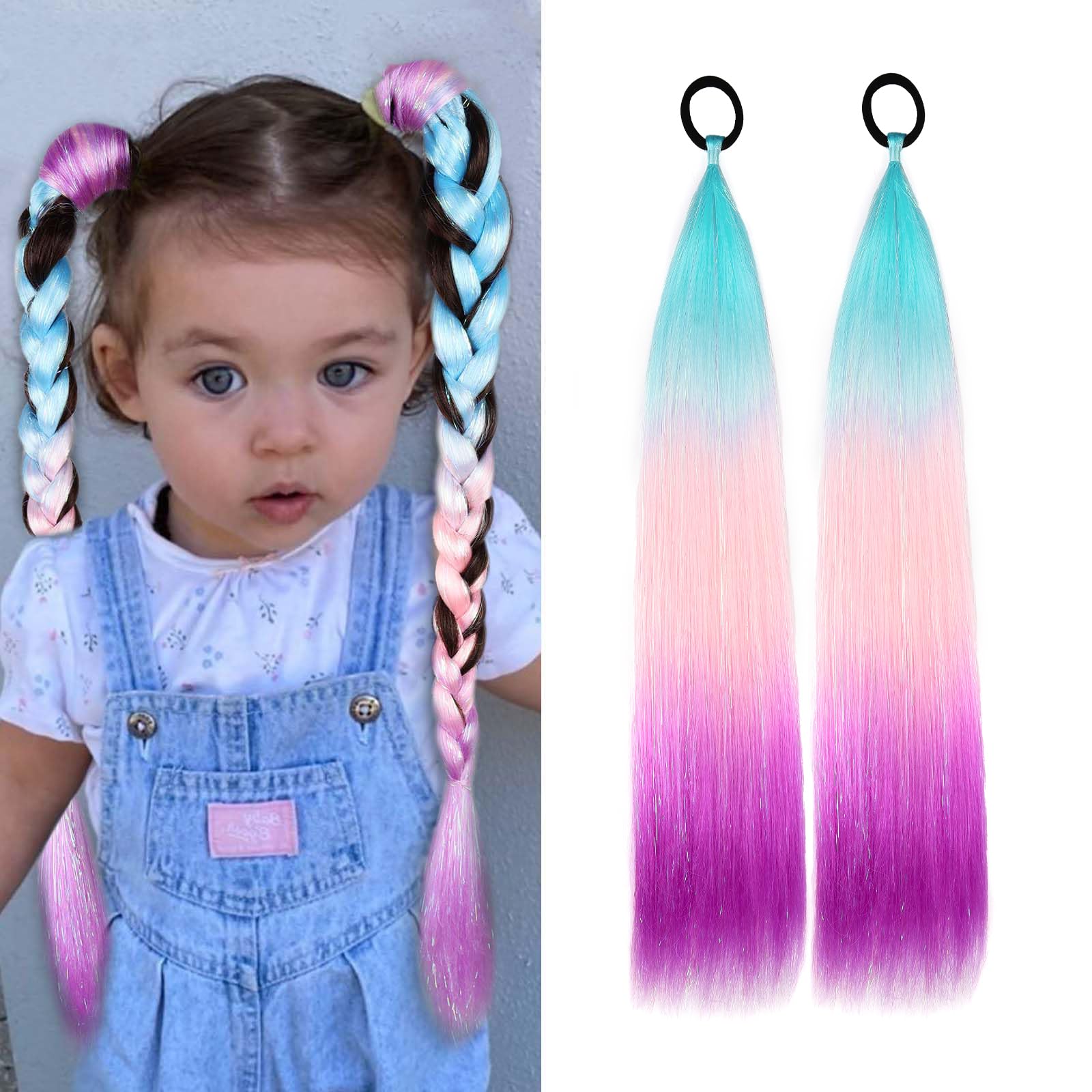 Rainbow Ponytail Extensions With Hair Tie 2 Packs 50g/Pack Coloured Hair Extensions for Braiding 26 inch Colorful Ombre Mermaid Pony Tail Synthetic Hair Extensions for Girl Women S35 โ image 1