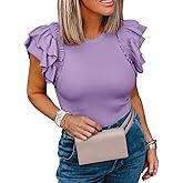 Womens Ruffle Short Sleeve Shirts Slim Fit High Neck Knit Ribbed Tops