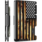 MIFANYO Minimalist Metal Wallet for Men, Ultra-Thin Aluminum Card Holder with Cash Strap, Personalized Wood American Flag, Slim Front Pocket RFID Blocking Wallet
