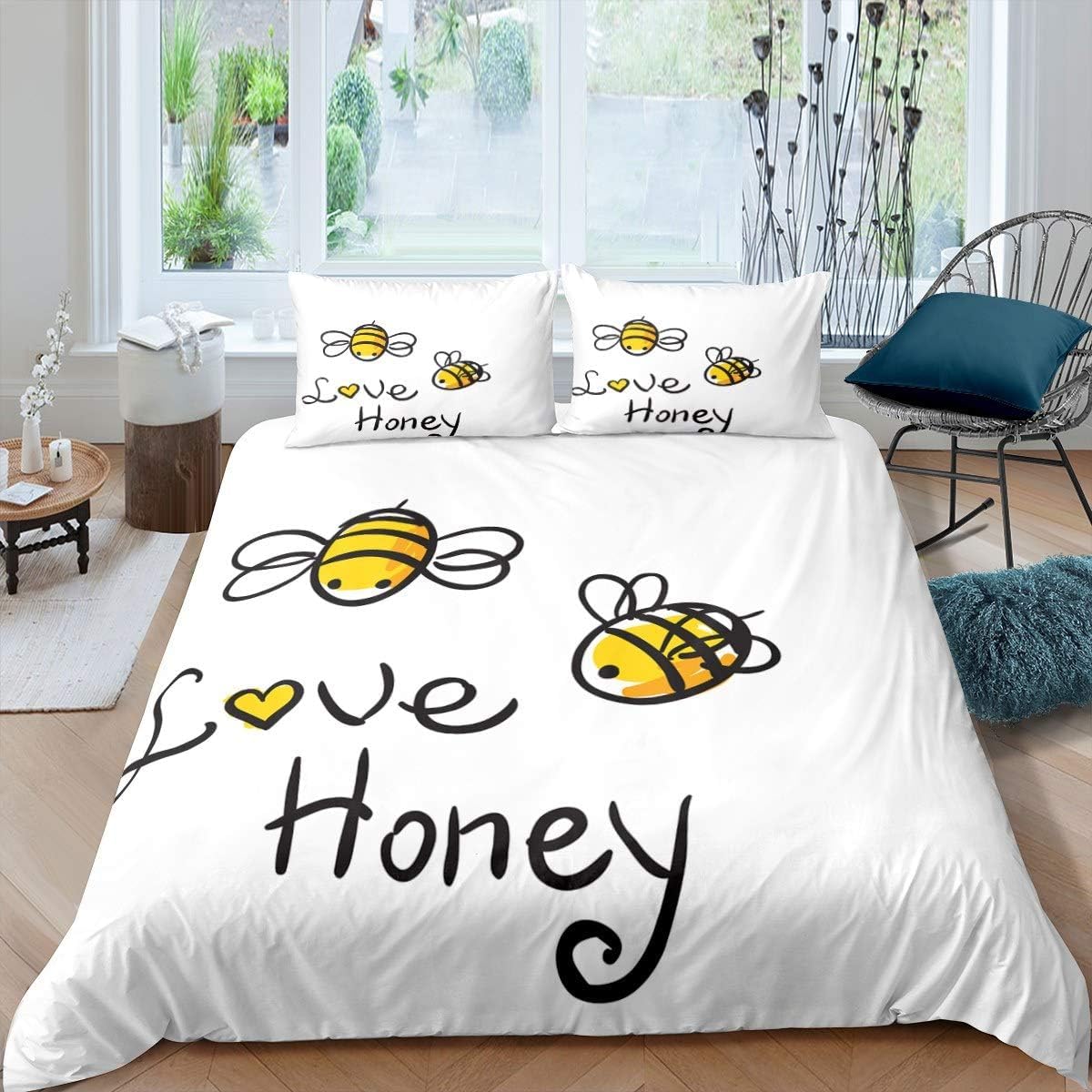 Loussiesd Love Honey Bedding Set Single Cute Bees Duvet Cover Beehive for Children Kids Boys Girls Comforter Cover Honeycomb Bright Vibrant Microfiber Bedspread Cover Bedclothes White Yellow