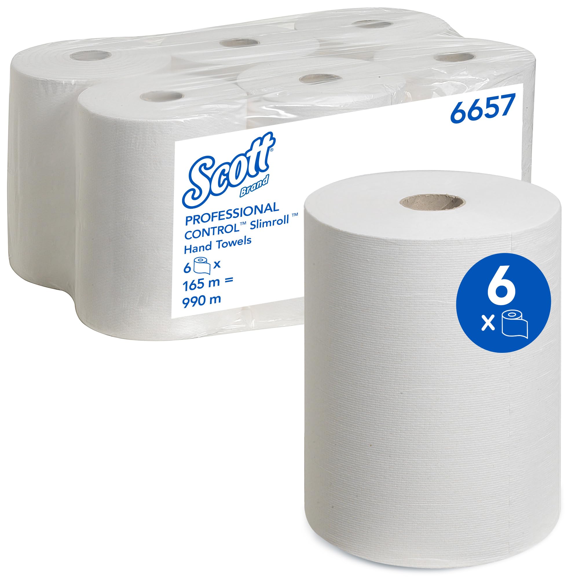 Scott Slimroll Paper Towels 6657 White 1-Ply Rolled Hand Towels, Highly Absorbent, Tear-Resistant, FSC & EU Ecolabel Certified, Compatible with Dispensers, 6 Rolls x 165m (990m Total)