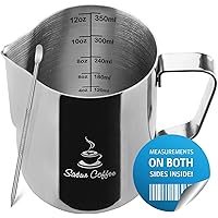 Milk Frothing Pitcher 12oz 350ml - Milk Jug 12 20 30oz - Measurements on Both Sides Inside Plus eBook - Stainless Steel Milk