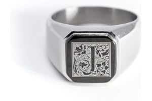 Tioneer Jewelry | Stainless Steel Letter Alphabet Initial Ring | Square Flat Top Ring for Men & Women | Stainless Steel Jewelry, (Black, Gold, Silver), Size 7-16
