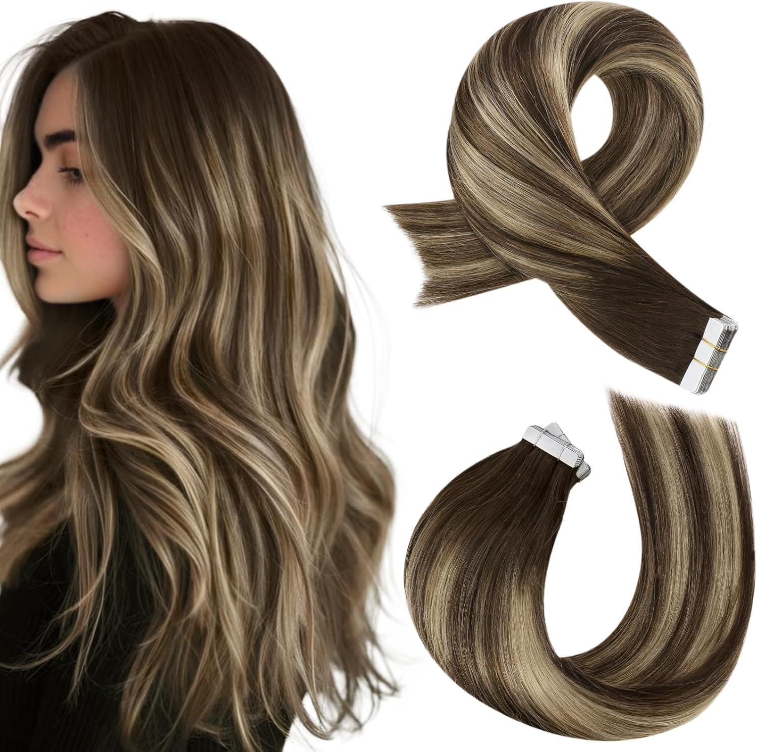 Moresoo Tape in Hair Extensions Human Hair 22 Inch Highlight Dark Brown with Caramel Blonde Real Hair Extensions Tape in Remy Straight Hair Lightweight All Day 20 Pieces/50g #4/27/4 โ image 1