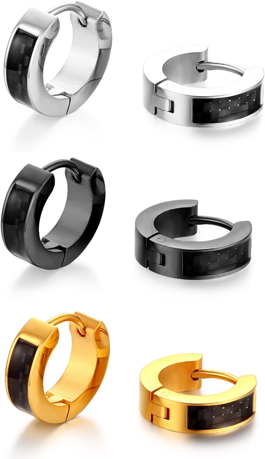 3 Pairs Stainless Steel Small Hoop Earrings Set Huggie Earrings with Carbon Fiber for Men Women