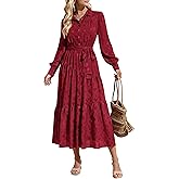 dowerme Women's Casual Dresses 2025 Fall Fashion Long Sleeve Button Up Floral Print Belted Tiered Boho Maxi Party Dress