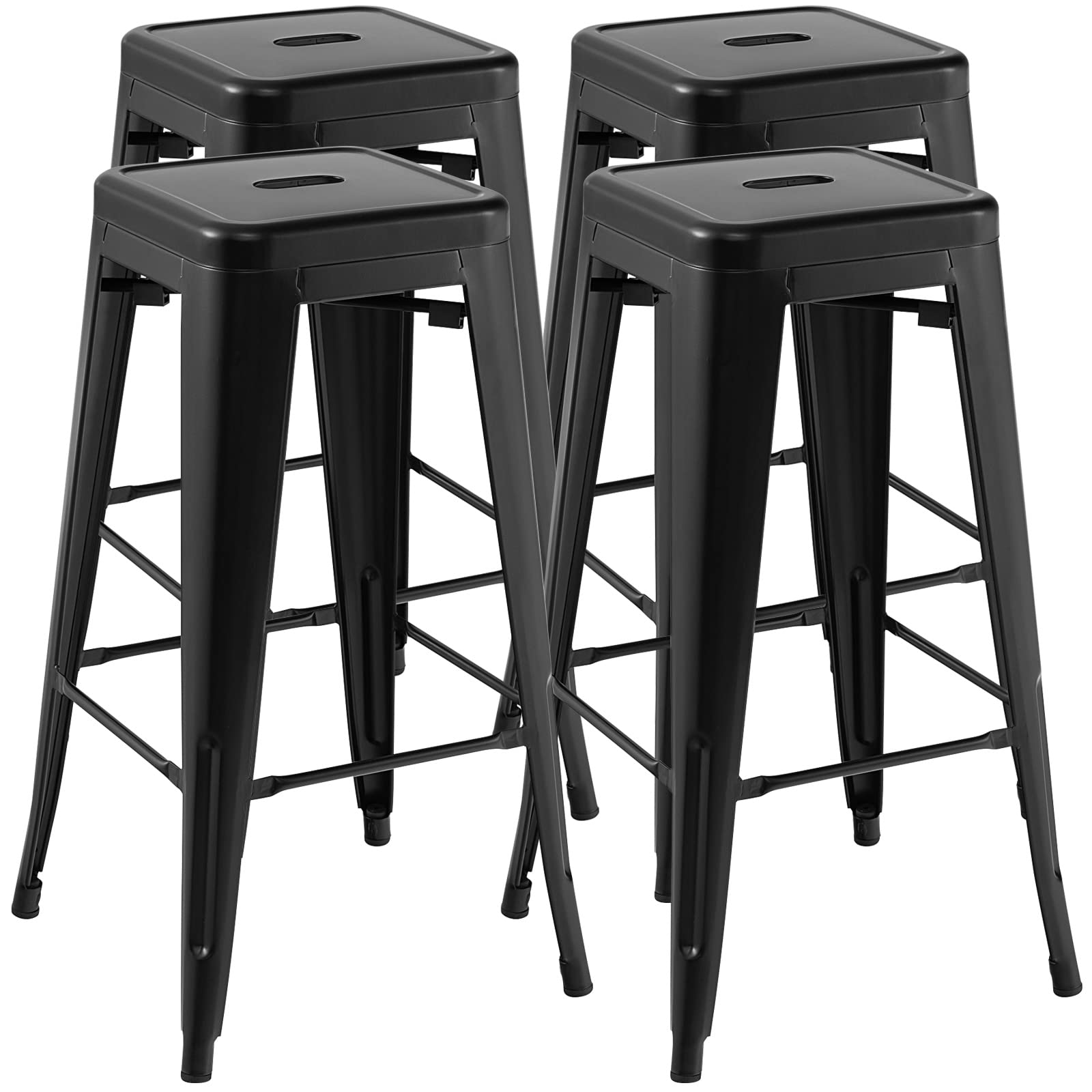 COSTWAY Bar Stools Set of 4, 30” Bar Height Metal Stools with Rubber Footpads & Handling Hole, X-Shaped Reinforced Design, Stackable Stools, for Kitchen, Dining Room, Pub (Black, 30‘’) Image