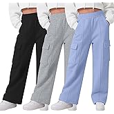 LessonZoo 3 Pack Girls Wide Leg Sweatpants Cargo Pants High Waisted Baggy Causal Loose Kids Elastic Waistband Pants Joggers