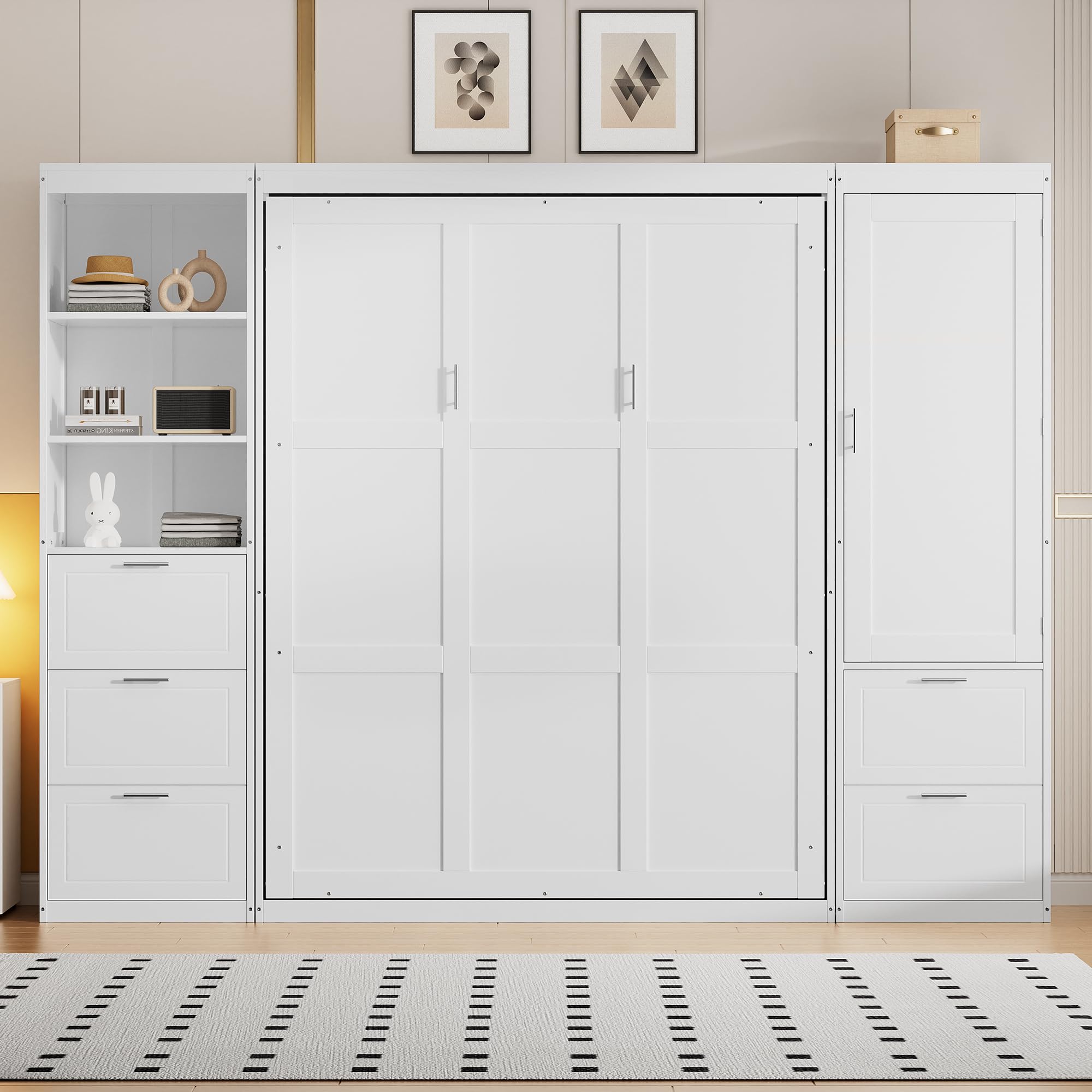 Photo 1 of PVWIIK Queen Size Murphy Bed with Wardrobe and Storage Drawers & Storage Shelf,Wall Bed Frame Folding into Cabinet Design for Small Space,Bedroom,Guest Room,White