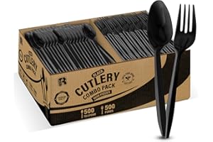R-KAY 1000 Pcs Black Plastic Utensils Set - 500 Forks And 500 Teaspoons, Plastic Forks And Spoons Set - Bulk Black Cutlery Set