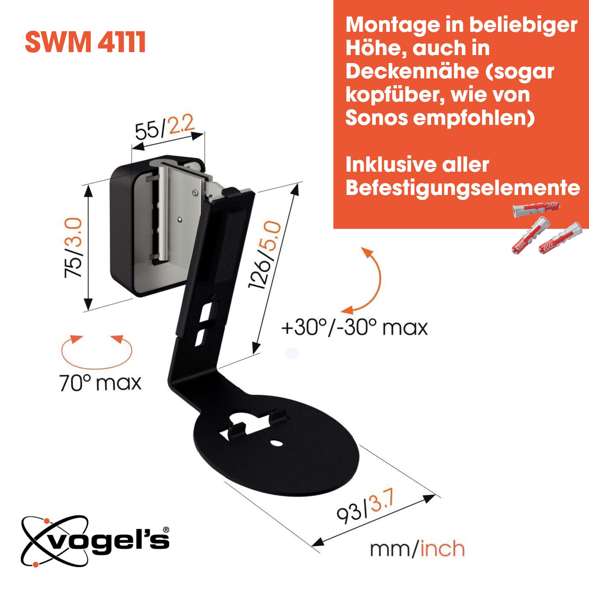 Vogel's SWM 4111 Lautsprecher Wandhalterung für Sonos ERA 100, Max. 5 kg, Neigbar -30°/+30°, Schwenkbar bis zu 70° (Links/rechts), Schwarz (1x) 5