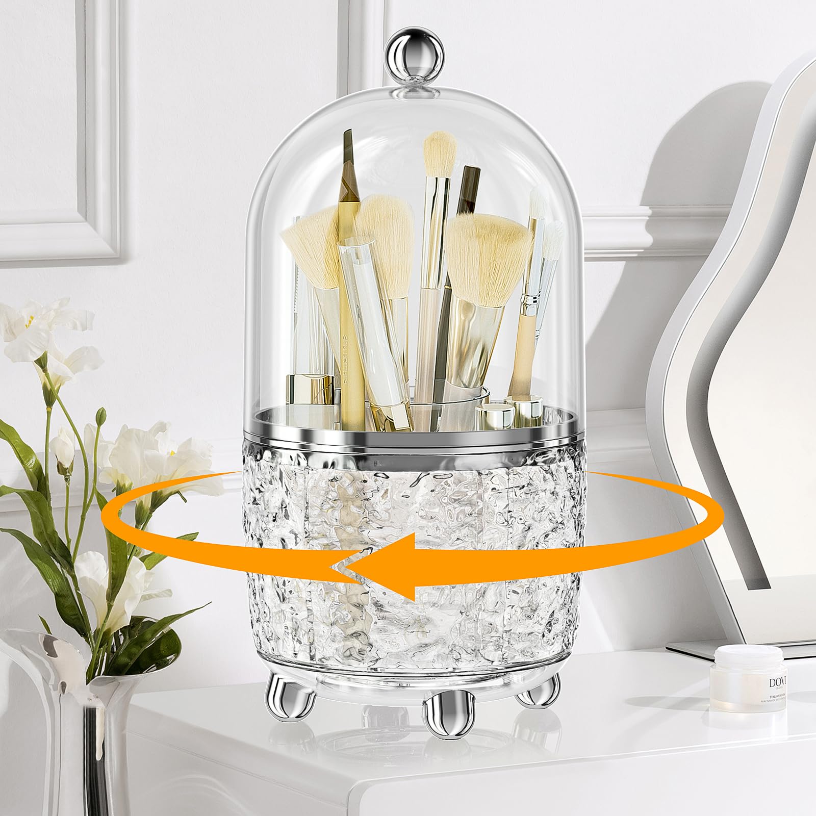 Makeup Brush Holder, 360° Rotating Make Up Organiser with Lid, 6 Compartments, Eyeshadow Brush, Lipstick Case, Cosmetic Organiser for Room Decor, Dressing Table, Bedroom, Bathroom