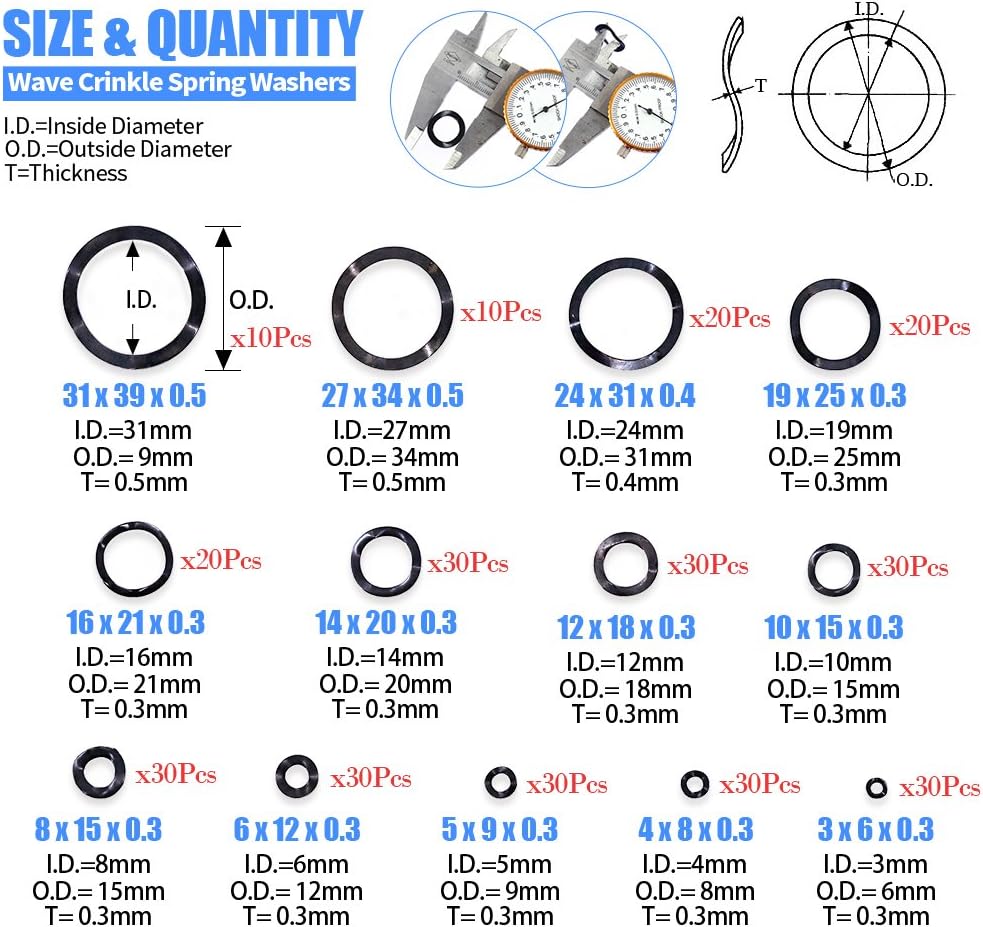 Glarks 320Pcs Carbon Steel Compression Type Wavy Wave Crinkle Spring Washers Assortment Kit, Black, 39 millimeters - Image 3