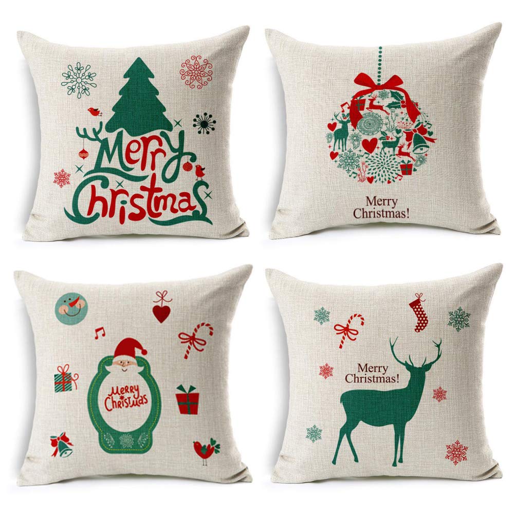 U-LOVE Merry Christmas Decorative Pillow Covers Christmas Tree Christmas Deer Santa Claus Pillowcases Throw Cushion Cover 18x18 Inches,4Pack(Merry Christmas)