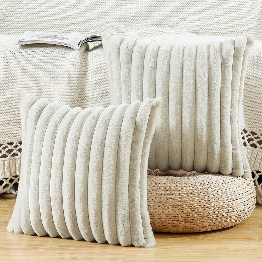 Madizz Set of 2 Faux Fur Decorative Cushion Covers 24x24 inch, 60x60 cm, Greyish White Soft Couch Throw Pillows for Bed Modern Pillowcases for Sofa Livingroom Home Decor — image 1