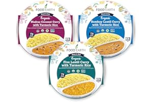 Food Earth Ready to Eat Indian Cuisine – Bombay Lentil Curry, Five Lentil Curry & Madras Coconut Curry with Turmeric Rice – Organic, Vegan, Gluten-Free – Pack of 3