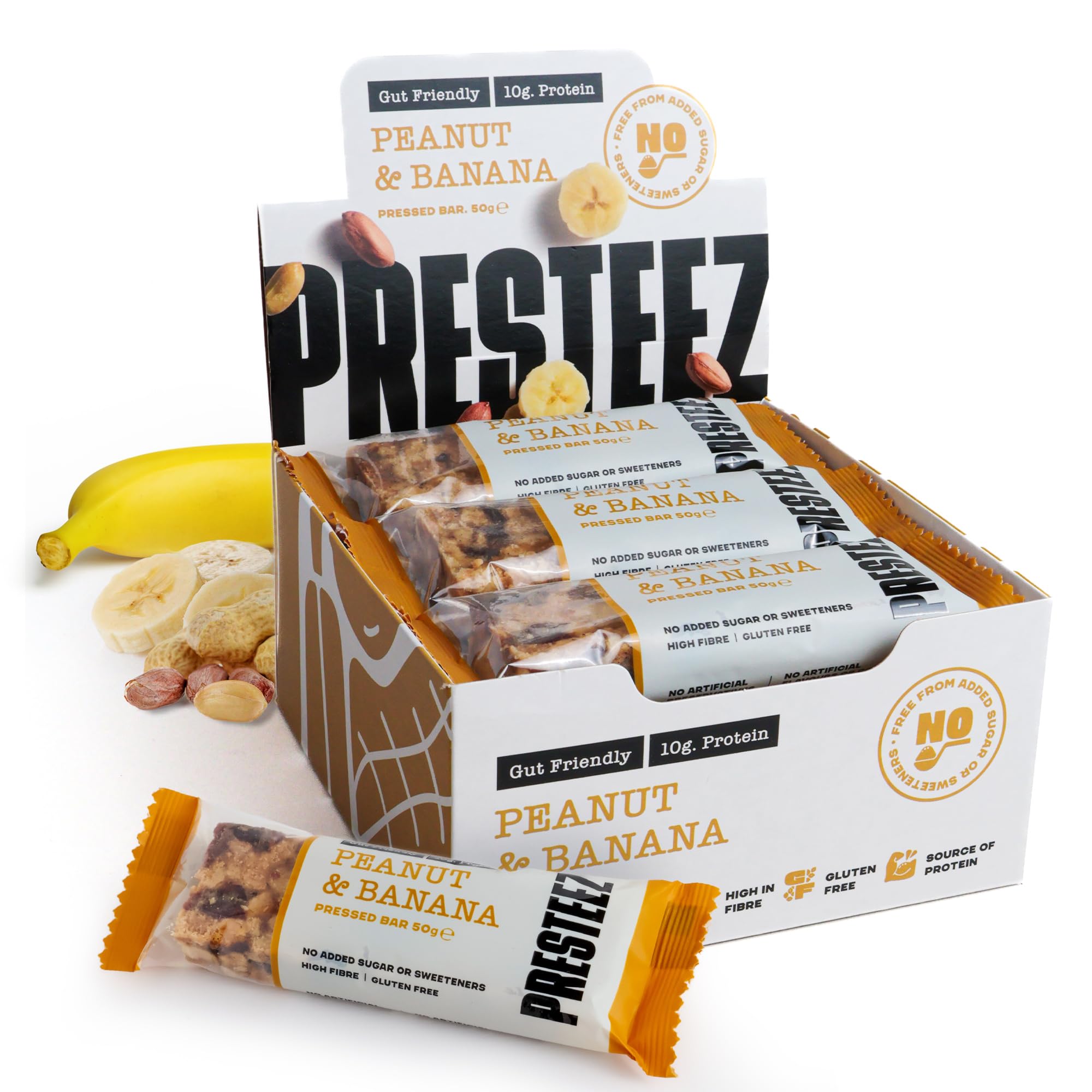 Presteez Banana & Peanut 50g Protein Bars - No Added Sugar or Sweeteners, Gluten Free, High Fibre, Healthy Snacks with Prebiotics, Fibre & Vitamin C, Gut Friendly Bars. 10g Protein, 12 Pack