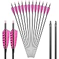 Huntingdoor 31 Inch Hunting Carbon Arrows, Replaceable Points Tips Arrows with 4 Inch Real Feather Fletching,400 Spine Targeting Arrows for Recurve Bow Longbow Practice Pink (Pack of 6)