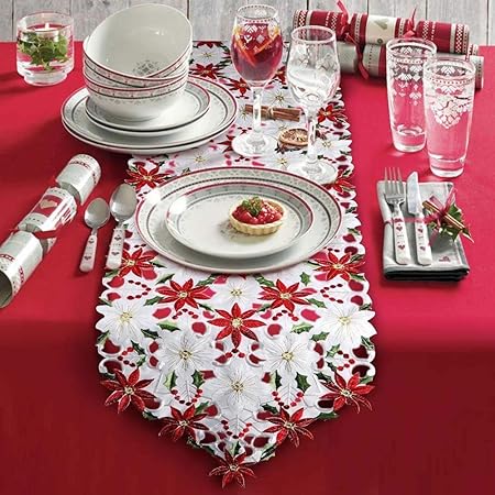 Ouneed 180cm Chemin De Table Noel Rennes Pere Noel Nappe De Noel Poinsettia Noel Table Decoration A Amazon Fr Cuisine Maison