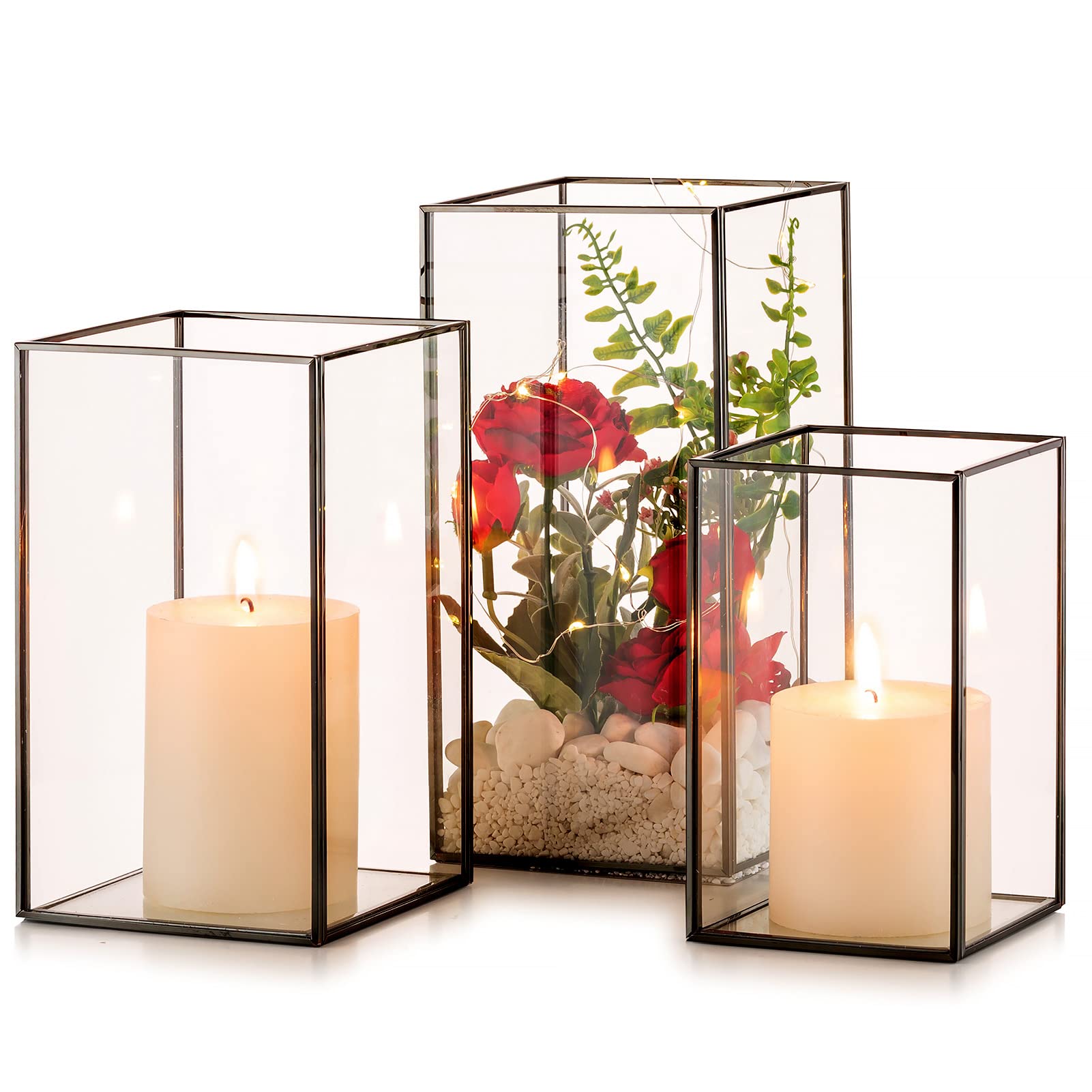 Nuptio Hurricane Glass Candle Holder: 3 Pieces Clear Candle Holders for Pillar, Black Lanterns Decorative Indoor for Mantel Christmas Table Centrepiece Living Dining Room Wedding Party Decorations — image 1