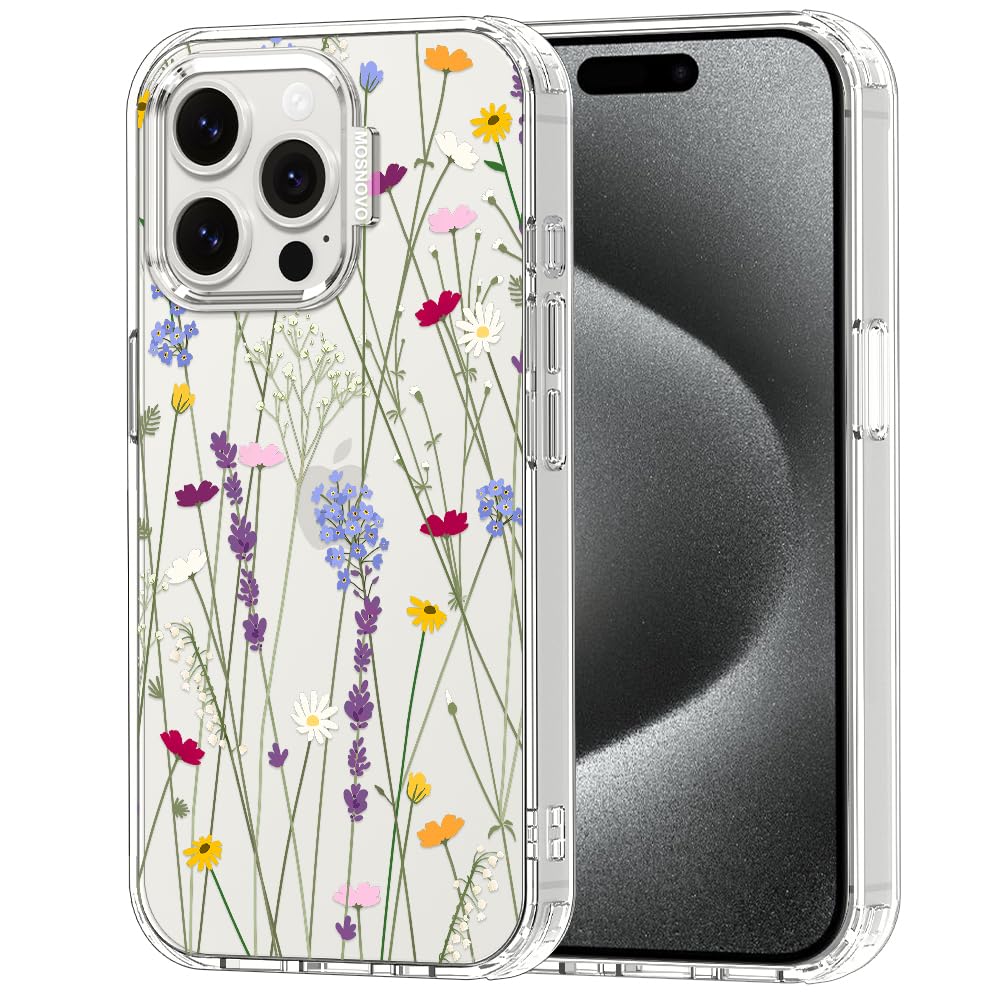 MOSNOVO Case for iPhone 15 Pro Max, [Buffertech 6.6ft Military-Grade Drop Protection] [Anti Peel Off Tech] Clear TPU Bumper Phone Case Cover Design - Floral Garden — image 1