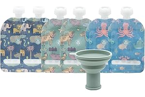 WeeSprout Double Zipper Reusable Food Pouches, Perfect for Babies & Toddlers, Freezer & Dishwasher Safe (Animals, 3.4 Fl Oz (Pack of 6) + Pouch Filler)