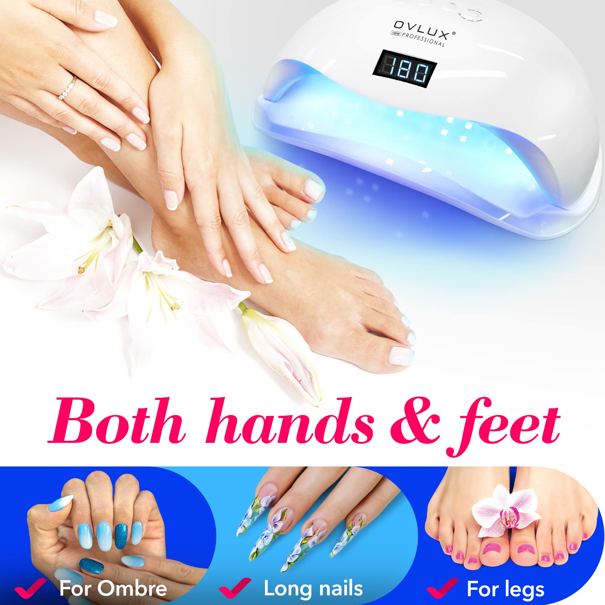 OVLUX 180W Professional UV LED Nail Lamp with Adapter – Fast Nail Dryer for Gel Polish, 57 LEDs, Auto Sensor, LCD Display & 4 Timers – Cures Fingernails & Toenails