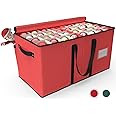 Patiobay Christmas Ornament Storage Box - Stores Up to 128 Holiday Ornaments, Christmas Storage Container with Side Pocket, Adjustable Dividers, Card Slot, Tear-Proof Fabric - Red