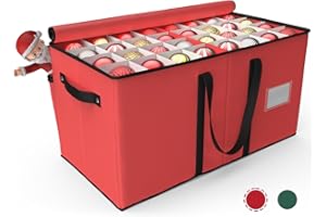 Patiobay Christmas Ornament Storage Box - Stores Up to 128 Holiday Ornaments, Christmas Storage Container with Side Pocket, Adjustable Dividers, Card Slot, Tear-Proof Fabric - Red