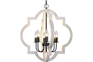 Rviezza 21'' Farmhouse Wood Chandelier, 6-Light Distressed White Dining Room Light Fixture, Adjustable Height Rustic Wood Orb Chandelier for Kitchen Island Foyer Living Room Bedroom Entryway